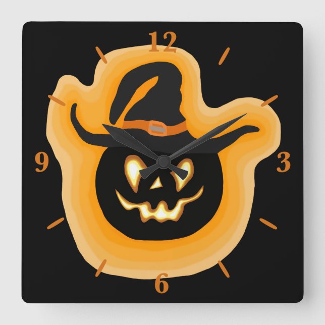 Glowing Pumpkin Witch On Black Square Wall Clock Quadratische Wanduhr (Vorderseite)