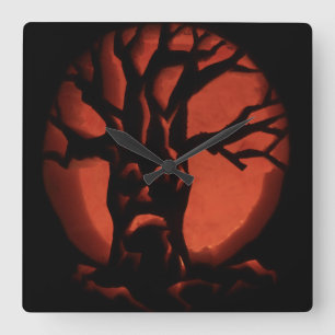 Glowing Scared Dead Tree Halloween Pumpkin Quadratische Wanduhr
