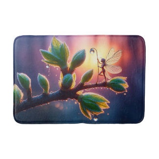 Glowing sunrise background with winged creature badematte