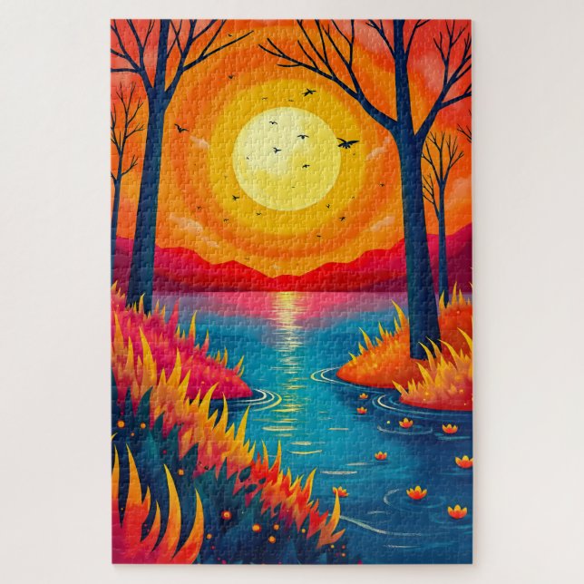 Glowing Sunset River Vibrant Nature Painting Puzzle (Vertikal)
