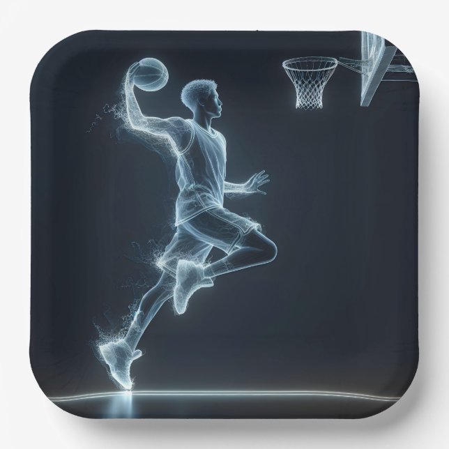 Glows Blue Neon Basketball Player Pappteller (Vorderseite)