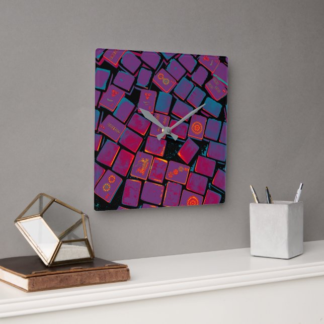 Glows Mah Jongg Tiles Wall Clock Quadratische Wanduhr (Büro)