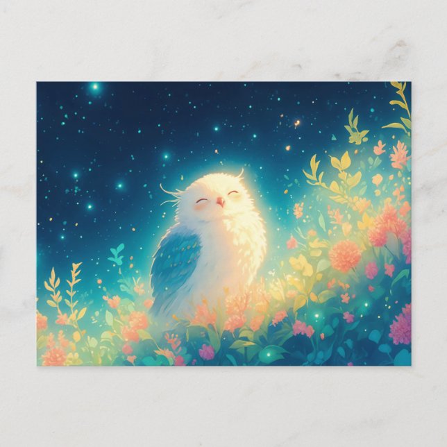 Glowy White Owl in Starry Night Meadow Postkarte (Vorderseite)