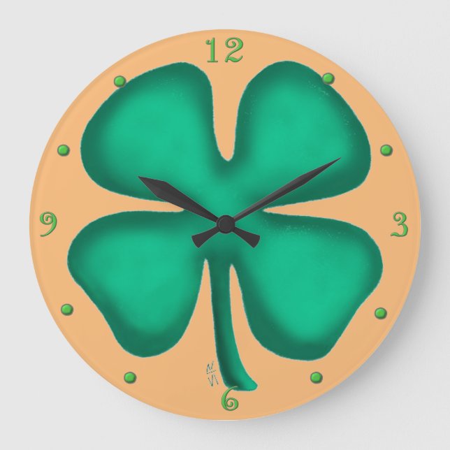 Glück 4 Leaf Irish Kleber tan Mauer Uhr (Vorderseite)