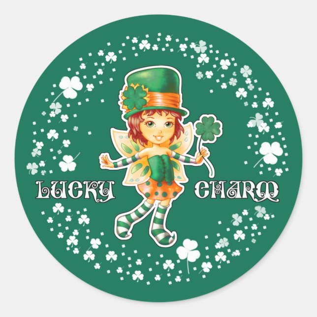 Glück Charm. Fairy Irish Girl St.Patrick's Day Runder Aufkleber (Vorderseite)
