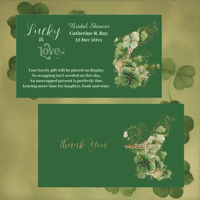 Glück im Liebesgrünen Kleeblatt-Brautparty Begleitkarte (Lucky in Love Golden Green Shamrock Bridal Shower Enclosure Card)