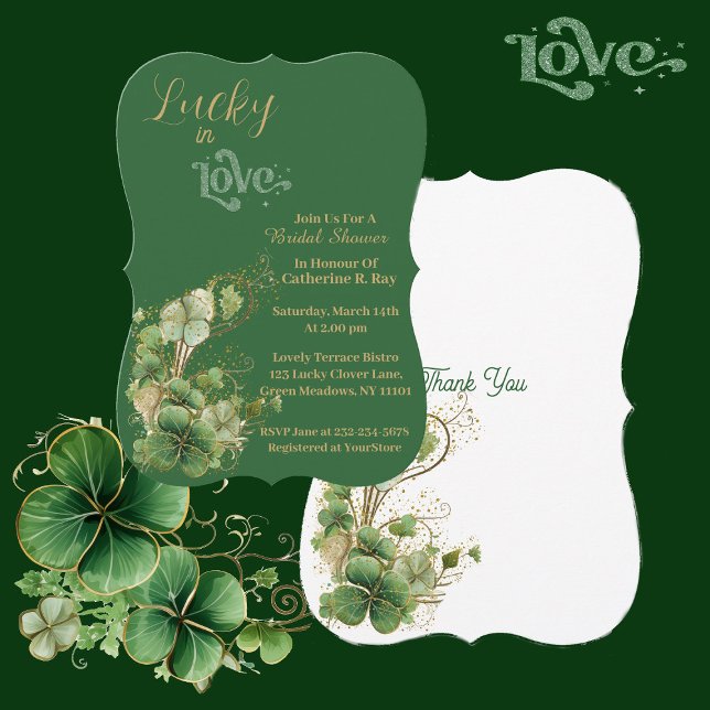 Glück in der Liebe Gold Shimmer Kleeblatt Brautpar Einladung (Lucky in Love Gold Shimmer Shamrock Bridal Shower Invitation)