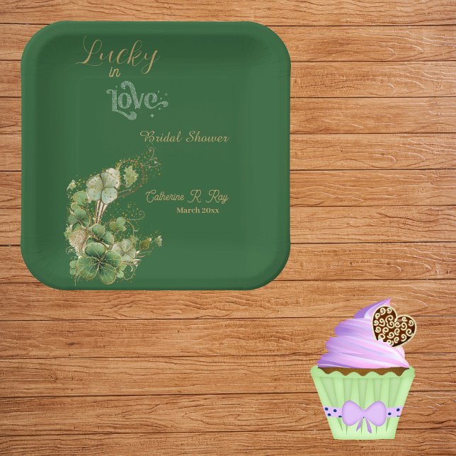 Glück in der Liebe Gold Shimmer Kleeblatt Brautpar Pappteller (Lucky in Love Gold Shimmer Shamrock Bridal Shower Paper Plates)
