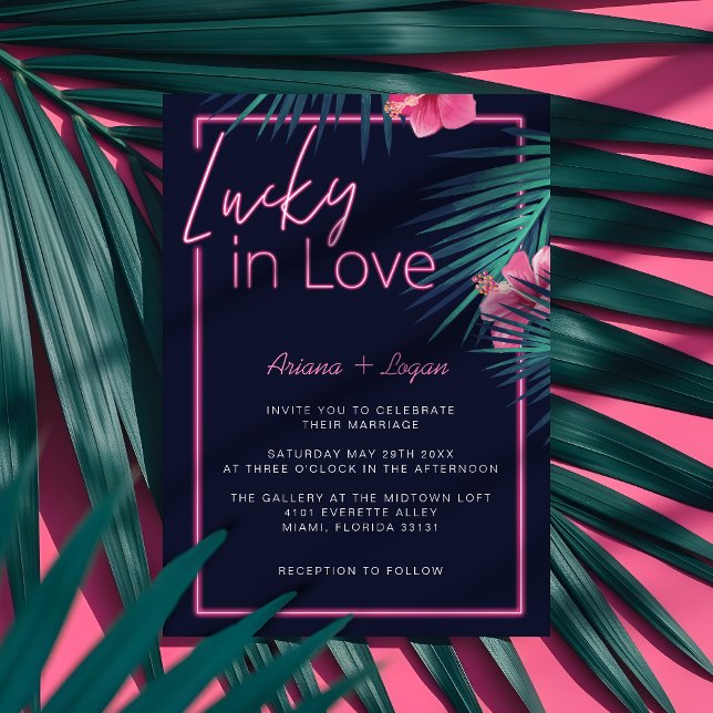Glück in der Liebe Neon Pink Tropical Retro Hochze Einladung (Lucky In Love Neon Pink Tropical Retro Wedding Invitation)