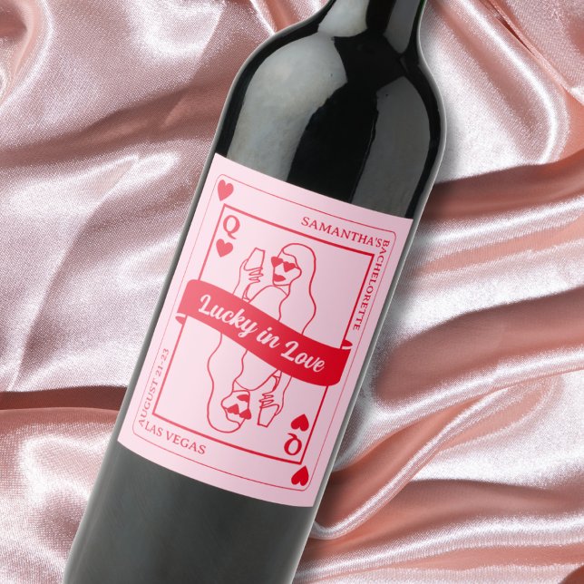 Glück in der Liebe Rosa und Rot Bachelorette Gefal Weinetikett (Lucky In Love Pink & Red Custom Bachelorette Favor Wine Label)