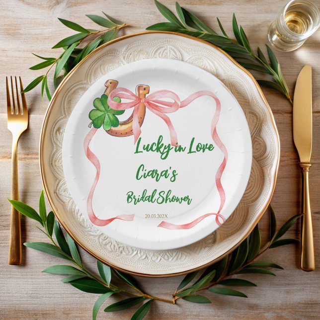 Glück in Liebe Kleeblatt Bänder Brautparty Pappteller (Lucky in love clover leaf bow ribbon St Patrick day bridal shower personalized printed paper plates)