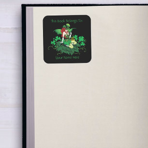Glück Iris Grün Fee Rotes Haar Kleeblatt Exlibris Quadratischer Aufkleber