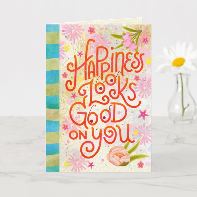 Glück sieht gut an dir aus – Whimsical Lettering Karte (Kleine Pflanze)
