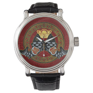 Glück-Symbol mit Koi Fischen und Münze Armbanduhr