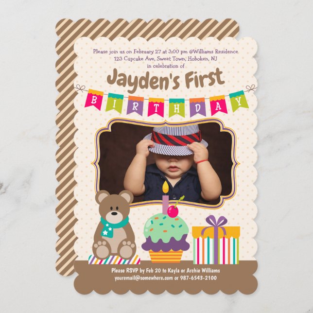 Glücklich 1. Geburtstag Teddybear Cupcake Bunting  Einladung (Vorne/Hinten)