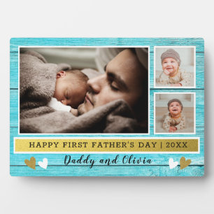 Glücklich 1. Vatertag 3 Foto Collage Blue Wood Fotoplatte