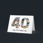 Glücklich 40. Geburtstag Nummer 40 Custom Foto Col Karte<br><div class="desc">Mark 40 Jahre wunderbare Erinnerungen und Abenteuer mit dieser faszinierenden 40. Geburtstagsnummer Foto Collage. Diese anpassbare Vorlage ist die perfekte Mischung aus Kreativität und Stimmung, die es Ihnen ermöglicht, ein wahrhaft unvergessliches Geschenk für den besonderen Tag Ihrer Lieben zu schaffen. Erleben Sie das Wesentliche von unglaublichen Jahren in einem Single-Meisterwerk...</div>