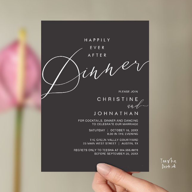 Glücklich bis ans Ende der Nacht Hochzeitsempfang  Einladung (Happily Ever After Dinner Wedding Reception Dinner Invitation Card in Charcoal Grey)