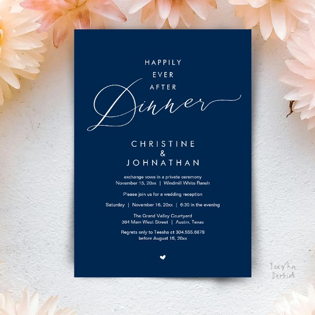 Glücklich bis ans Ende der Nacht Moderne Hochzeits Einladung (Happily Ever After Dinner Modern Wedding Reception Invitation Card Elopement PDF Navy Blue)