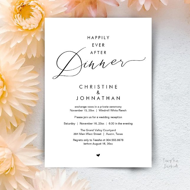 Glücklich bis ans Ende der Nacht Moderne Hochzeits Einladung (Happily Ever After Dinner Modern Wedding Reception Invitation Card Elopement PDF Black and White)