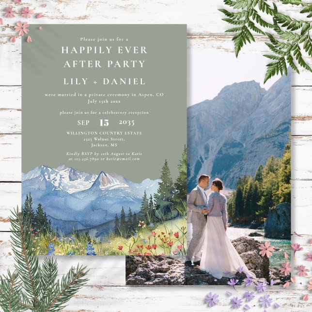 Glücklich-bis-ans-Ende-der-Zeit-Berg-Salbei-Hochze Einladung (Happily Ever After Mountain Sage Wedding Photo Invitation)