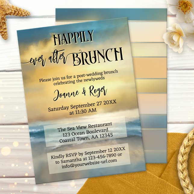 Glücklich bis ans Ende der Zeit Hochzeits-Strand-B Einladung (After wedding brunch invitation showing an original fine art painting of a sunset at a stormy beach)
