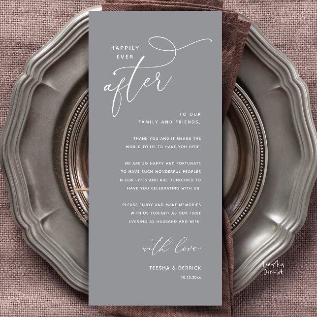 Glücklich bis ans Ende der Zeit Hochzeitsdinner Da Programm (Welcome and Thanks, Happily Ever After Modern Wedding Dinner Thank You Card in Classy Dark Grey)