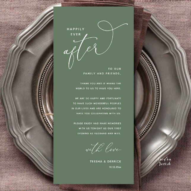 Glücklich bis ans Ende der Zeit Hochzeitsdinner Da Programm (Welcome and Thanks, Happily Ever After Modern Wedding Dinner Thank You Card in Classy Sage Green)