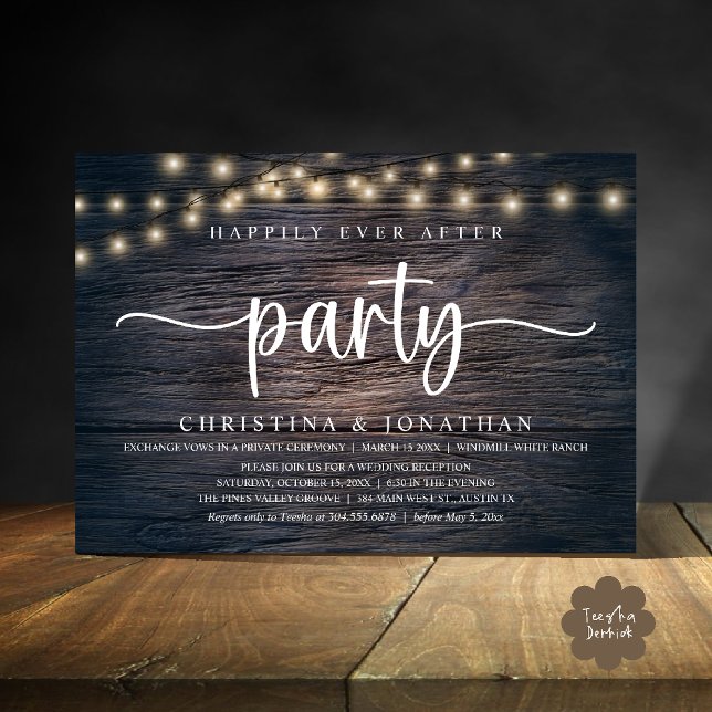Glücklich bis ans Ende der Zeit-Party, Rustikale H Einladung (Happily Ever After party, Rustic Wedding reception Invitation Card string lights dark wood)