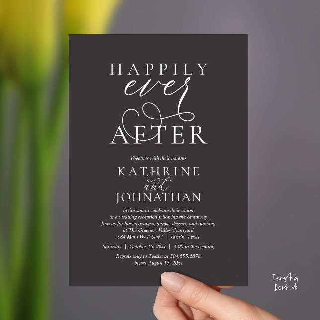 Glücklich bis ans Ende, moderne Hochzeitsfeier Einladung (Happily Ever After, Modern Wedding Reception hors d'oeuvres Drinks Dancing Invites Card Charcoal)