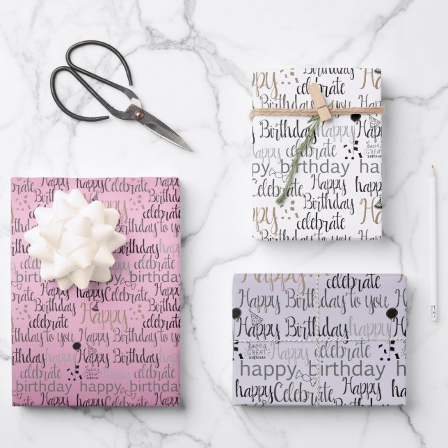Glücklich Geburtstag Pink Lila Ombre Geschenkpapier Set (Vorderseite)