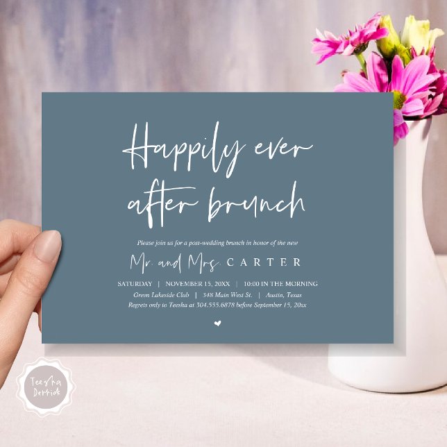 Glücklich immer nach dem Brunch, Moderne Post Hoch Einladung (Happily Ever After Brunch Invitation Card, PDF, Modern Wedding Elopement, Celebration, Dusty Blue)