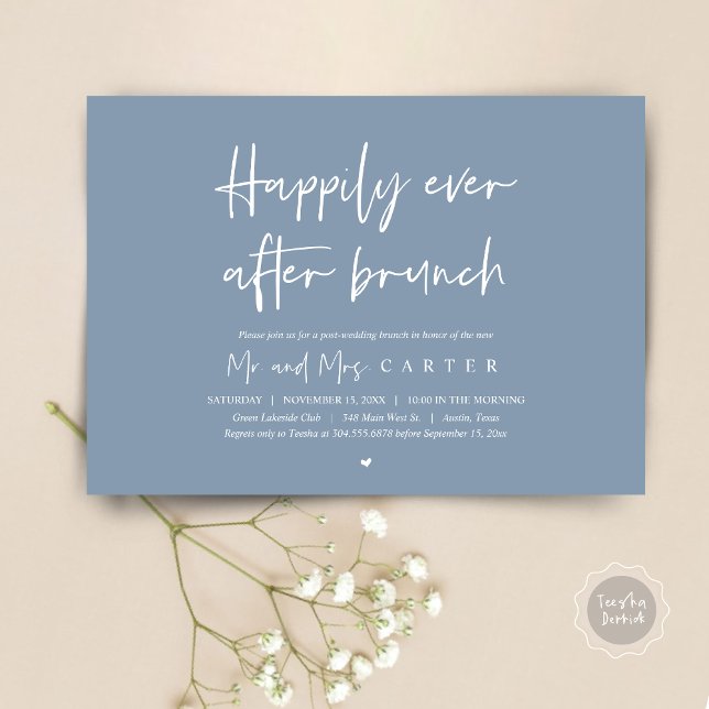 Glücklich immer nach dem Brunch, Moderne Post Hoch Einladung (Happily Ever After Brunch Invitation Card, PDF, Modern Wedding Elopement, Celebration, Dusty Blue)