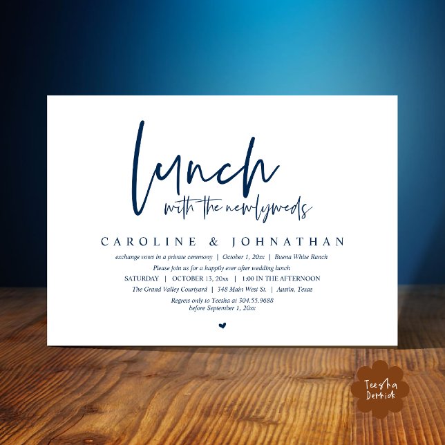Glücklich immer nach dem Mittagessen mit den Neuge Einladung (Lunch with the Newlyweds, Happily Ever After Modern Minimalist Invitation Card PDF Navy Blue)