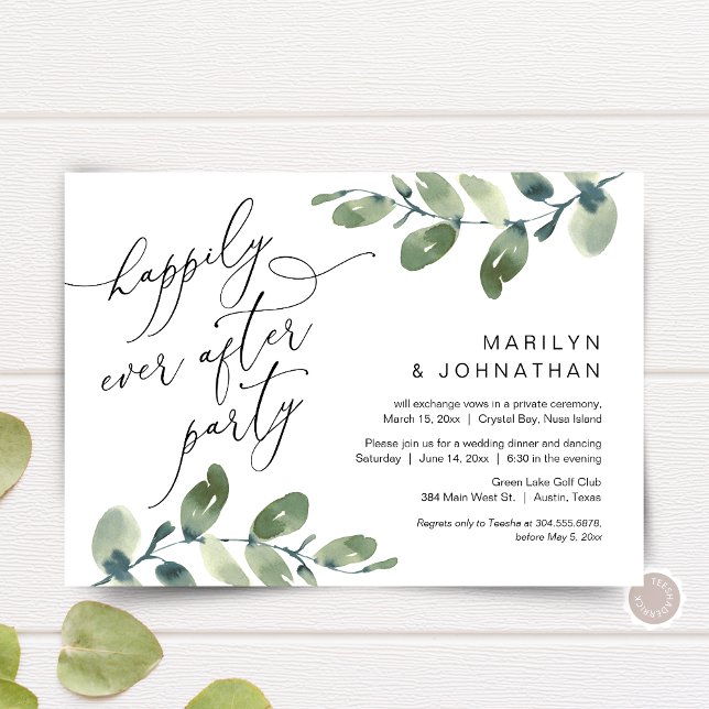 Glücklich immer nach dem Party, Elopement, Grün Einladung (Happily Ever After Party, Elopement Dinner Invitation Card, Greenery Eucalyptus, Digital Download)