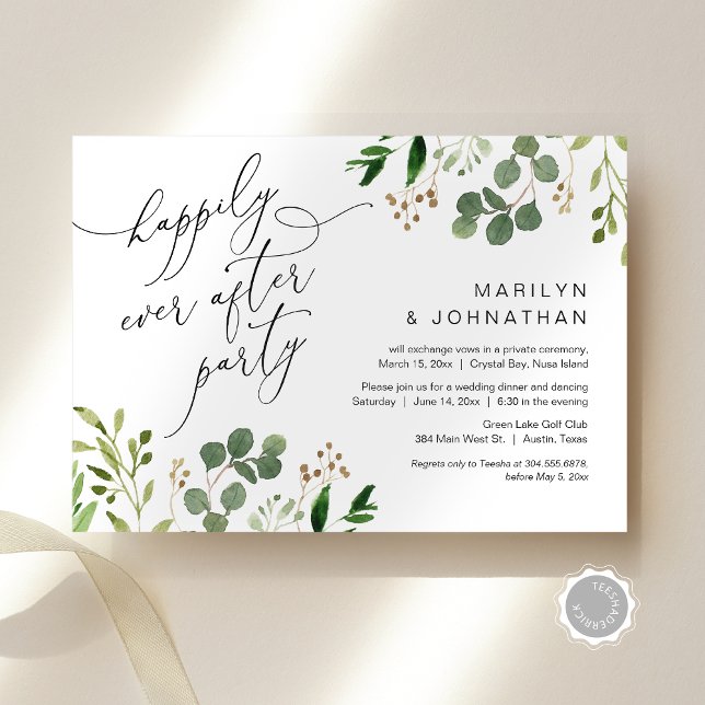 Glücklich immer nach dem Party, Elopement, Grün Einladung (Happily Ever After Party, Wedding Elopement, Greenery Eucalyptus Invitation Card, Downloadable)