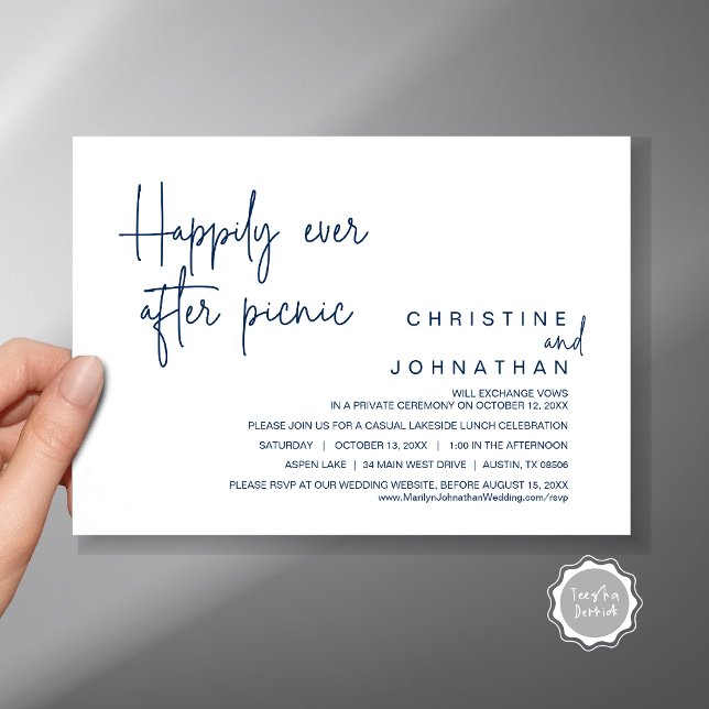 Glücklich immer nach Picnic, Hochzeitsfeier Einladung (Happily Ever After Picnic, Wedding Celebration Invitation Card, PDF, in Navy Blue)