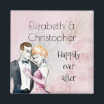 Glücklich immer nach Vintage Hochzeit Paar Magnet<br><div class="desc">Ein niedlicher Magnet mit einem Retro-Vintagen Stil,  personalisiert mit Ihrem Namen und Text,  der glücklich sagt,  immer danach. Ein elegantes Set auf einem rosa Hintergrund mit verblassten rosa Rosen. Eine extravagante Hochzeitsbilderin in einer liebevollen Umarmung mit Aquarellen. Chic und elegant mit einem schattigen,  altmodischen Flair.</div>