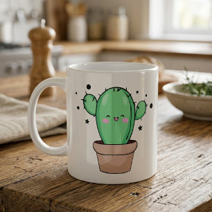 Glücklich lächelnd Baby Kaktus in Vase mit Sternen Kaffeetasse