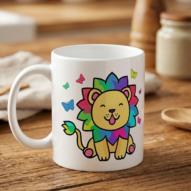 Glücklich lächelnd Löwe mit Schmetterlingen. Kaffeetasse (Cute smiling Kawaii Lion with Butterflies Cartoon. Coffee Mug)