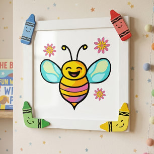 Glücklich lächelnde Babybiene mit Blume. Fotodruck