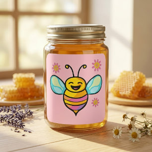 Glücklich lächelnde Babybiene mit Blume. Quadratischer Aufkleber