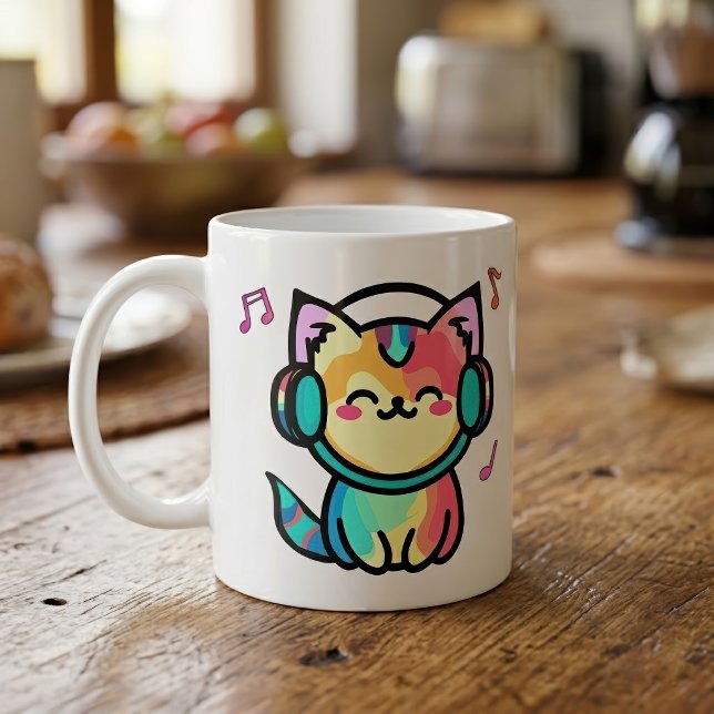 Glücklich lächelnde Fotzenkatze mit Kopfhörer. Kaffeetasse (Happy Smiling Kawaii Cartoon Cat with Headphones. Coffee Mug)