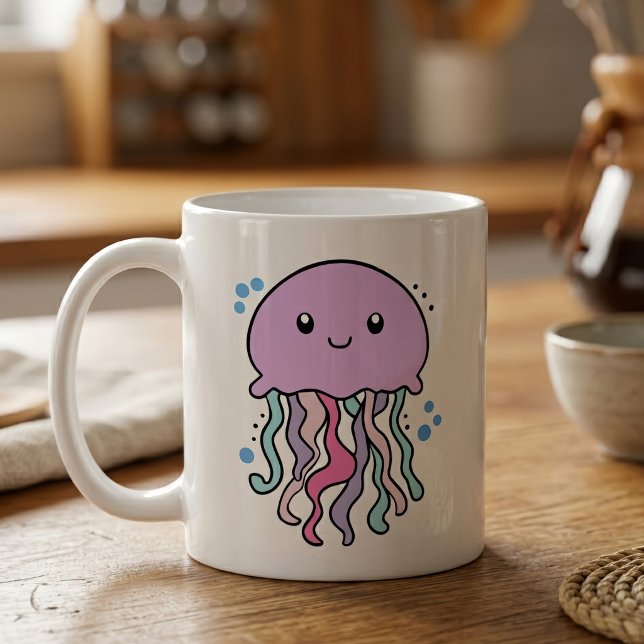 Glücklich lächelnde Qualle mit Blasen. Kaffeetasse (Cute smiling Kawaii Baby Jellyfish with Bubbles. Coffee Mug)