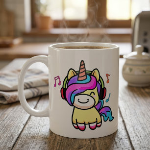 Glücklich lächelndes Baby Einhorn mit Kopfhörer. Kaffeetasse
