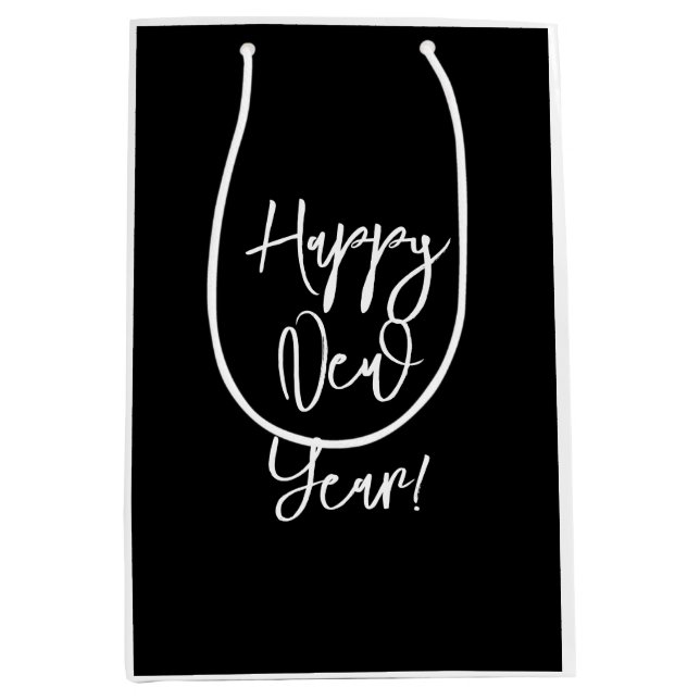 GLÜCKLICH NEUES JAHR! Modernes Schwarz-weißes Chic Mittlere Geschenktüte (Vorderseite)