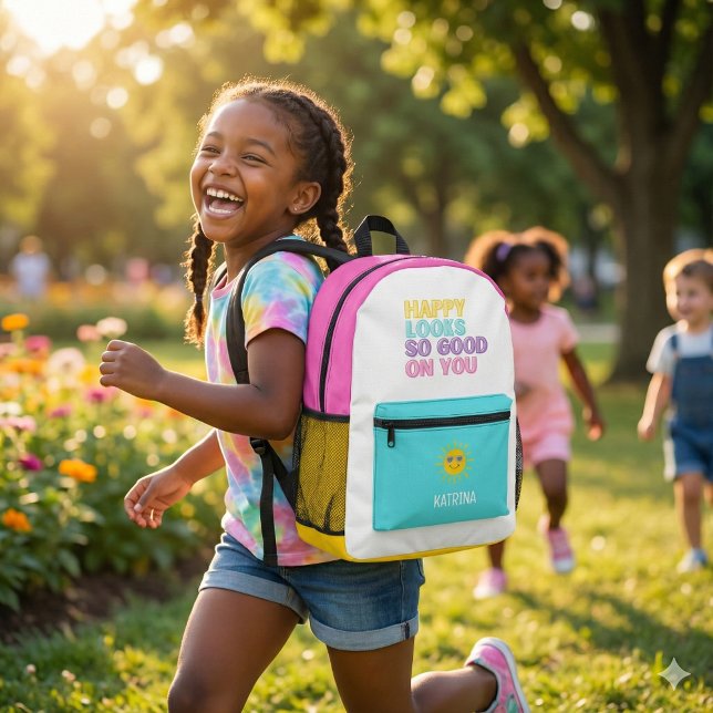 Glücklich sieht so gut aus auf deinem Rucksack (Empower someone special with this, "Happy looks so good on you" personalized backpack! )