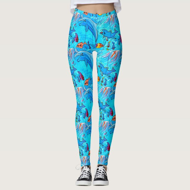 glücklich springende Delphine blau Leggings (Vorderseite)