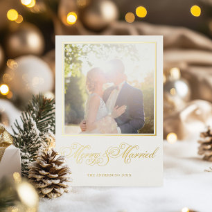 Glücklich & Verheiratet Elegante Kalligrafie Foto Folien Feiertagskarte