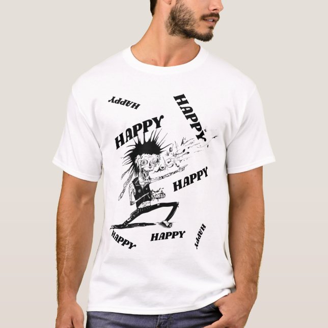 GLÜCKLICH ZOMBIE, MÄNNER WEISSER T - SHIRT (Vorderseite)